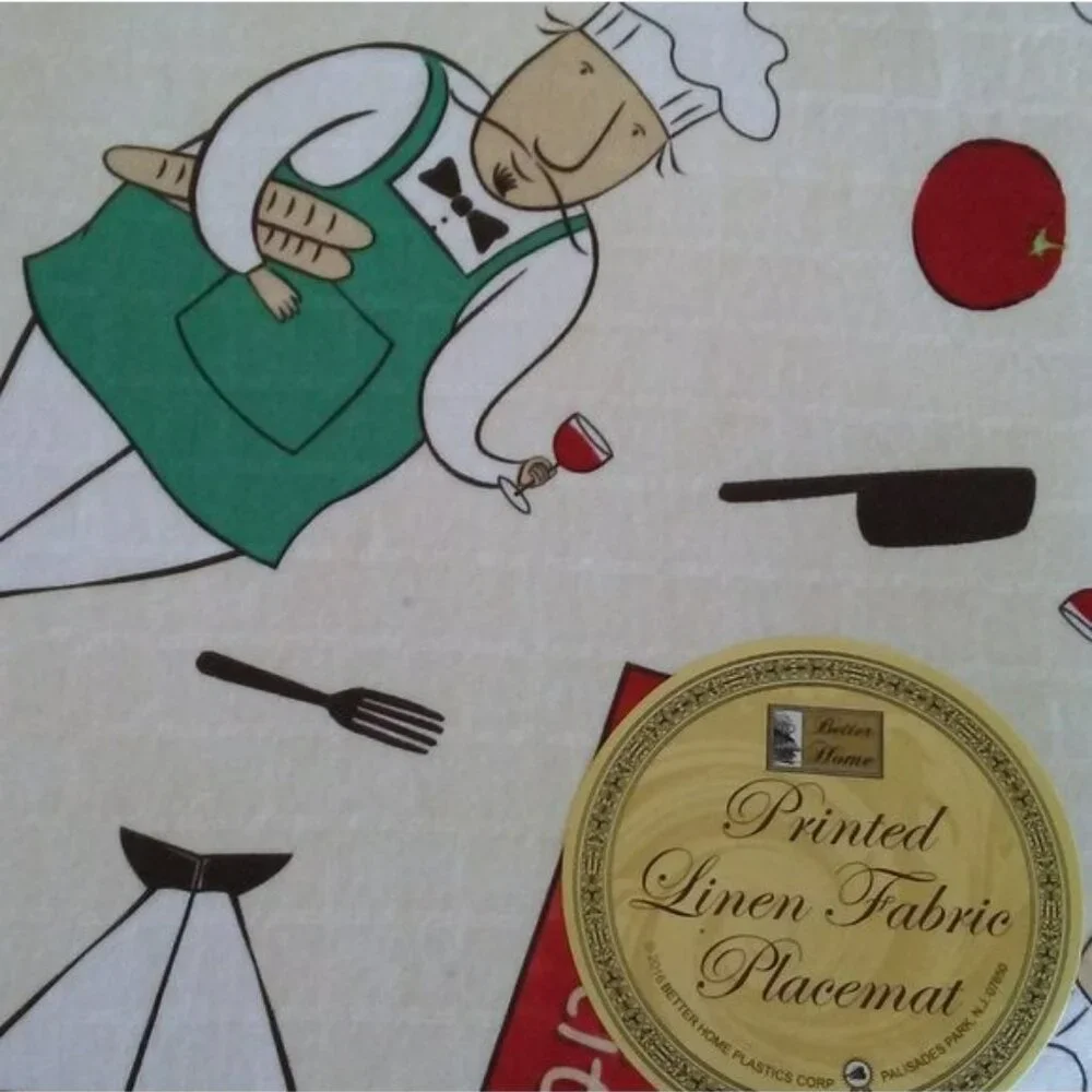 Printed Linen Fabric Placemats, set of 4, Chef Bon Appetit French Paris decor